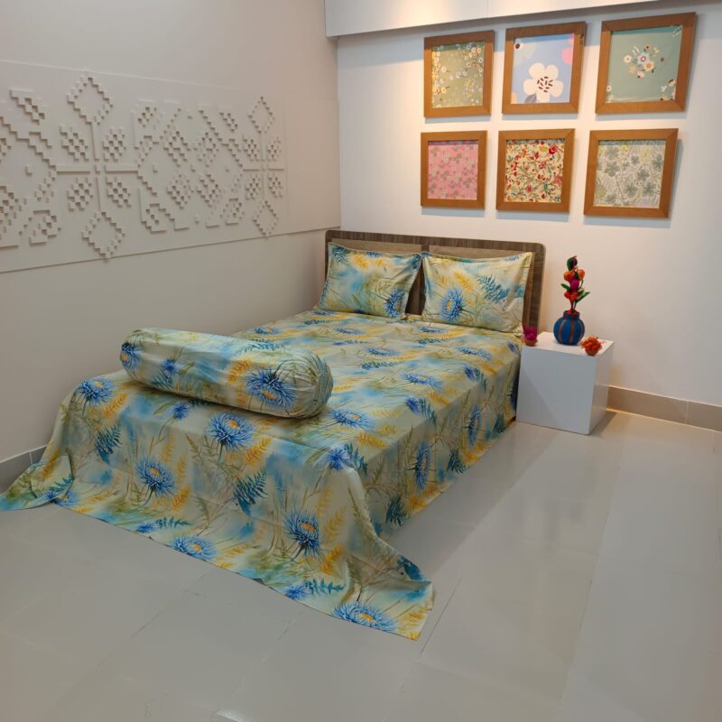 Super King Size High Quality 3D Design Satin Cotton Bed Sheet – 3 Pecs Set – Lime Aster - Image 3