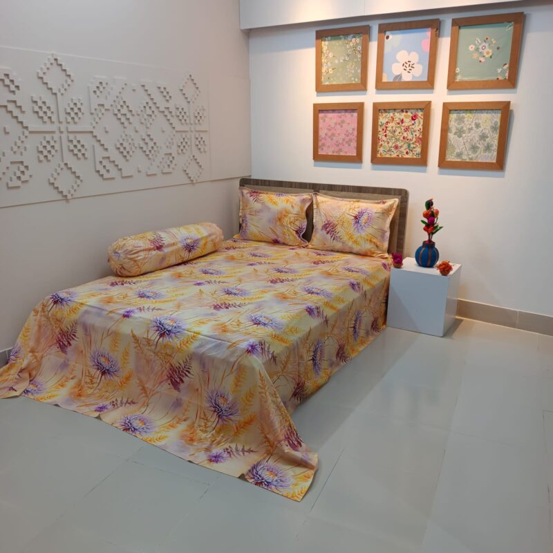 Super King Size High Quality 3D Design Satin Cotton Bed Sheet – 3 Pecs Set – Purple Aster - Image 2