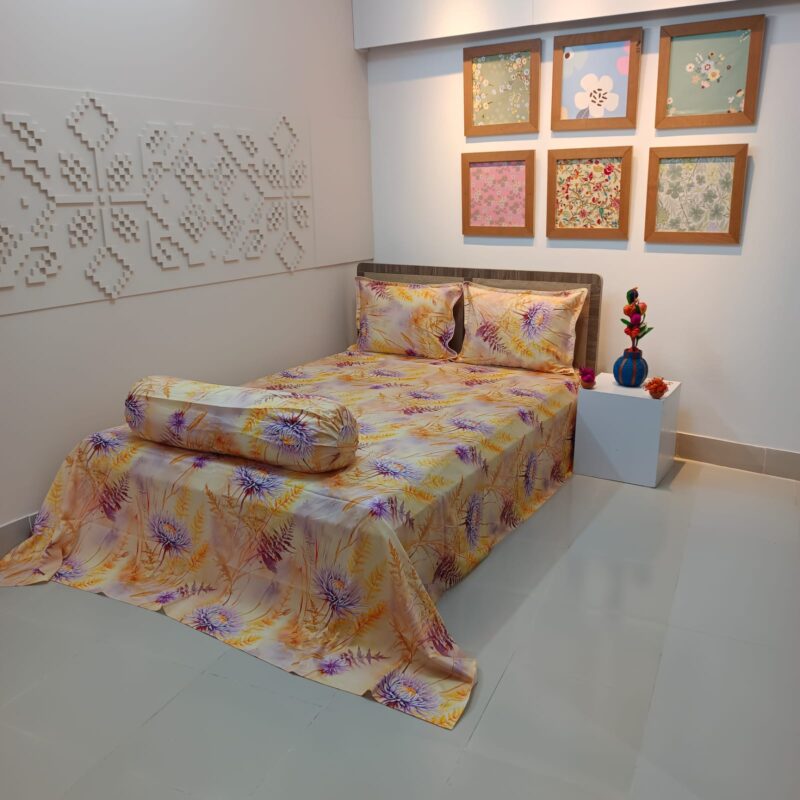 Super King Size High Quality 3D Design Satin Cotton Bed Sheet – 3 Pecs Set – Purple Aster - Image 3