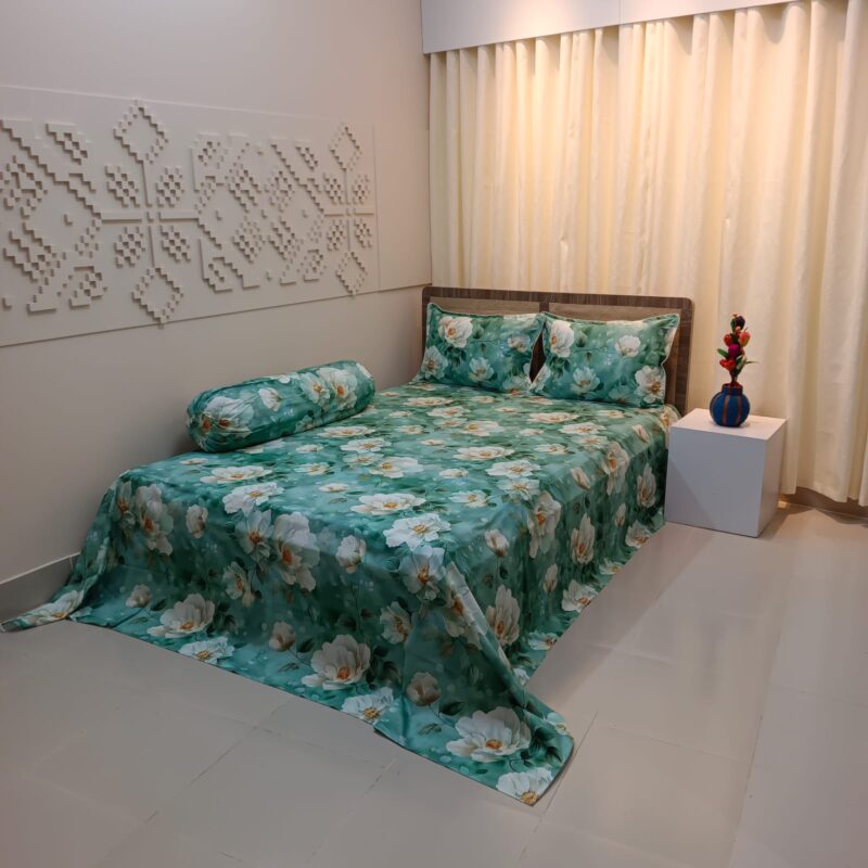 Super King Size High Quality 3D Design Satin Cotton Bed Sheet – 3 Pecs Set – Sea Green - Image 2