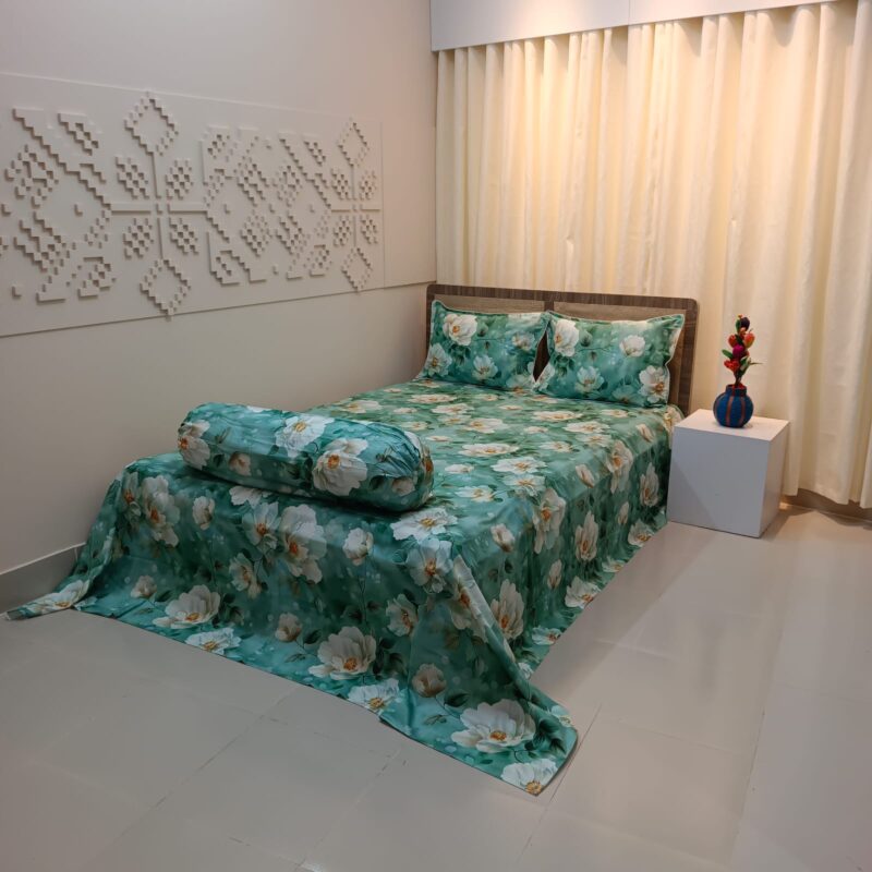 Super King Size High Quality 3D Design Satin Cotton Bed Sheet – 3 Pecs Set – Sea Green - Image 3