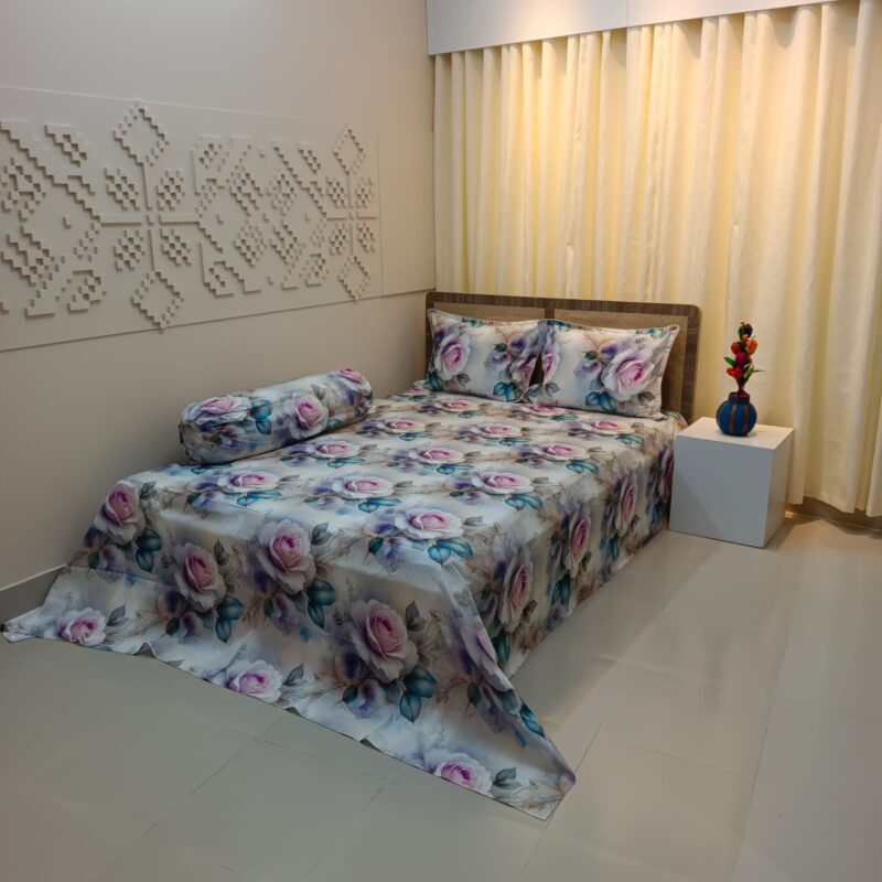 Super King Size High Quality 3D Design Satin Cotton Bed Sheet – 3 Pecs Set – Purple Rose - Image 2