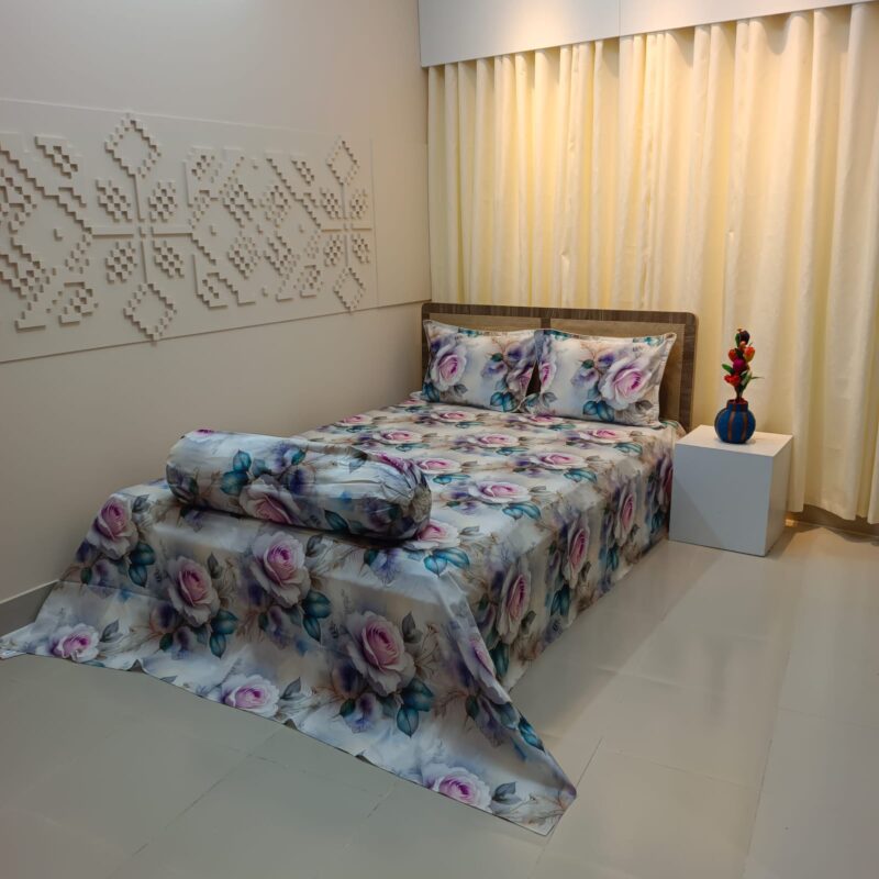 Super King Size High Quality 3D Design Satin Cotton Bed Sheet – 3 Pecs Set – Purple Rose - Image 3