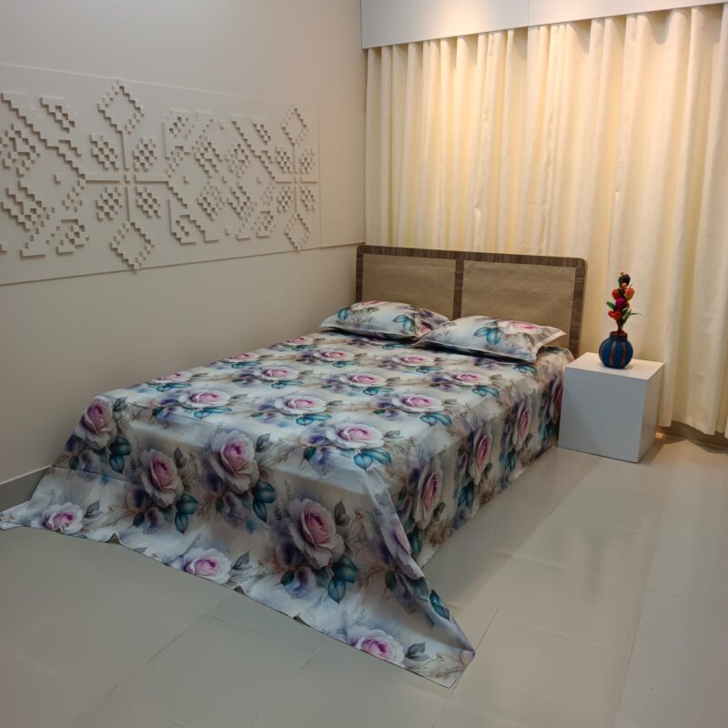 Super King Size High Quality 3D Design Satin Cotton Bed Sheet – 3 Pecs Set – Purple Rose - Image 7