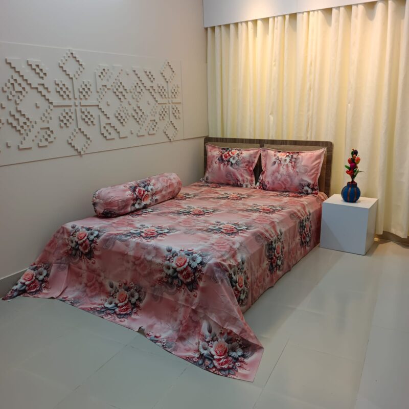 Super King Size High Quality 3D Design Satin Cotton Bed Sheet – 3 Pecs Set – Pink Flora - Image 2