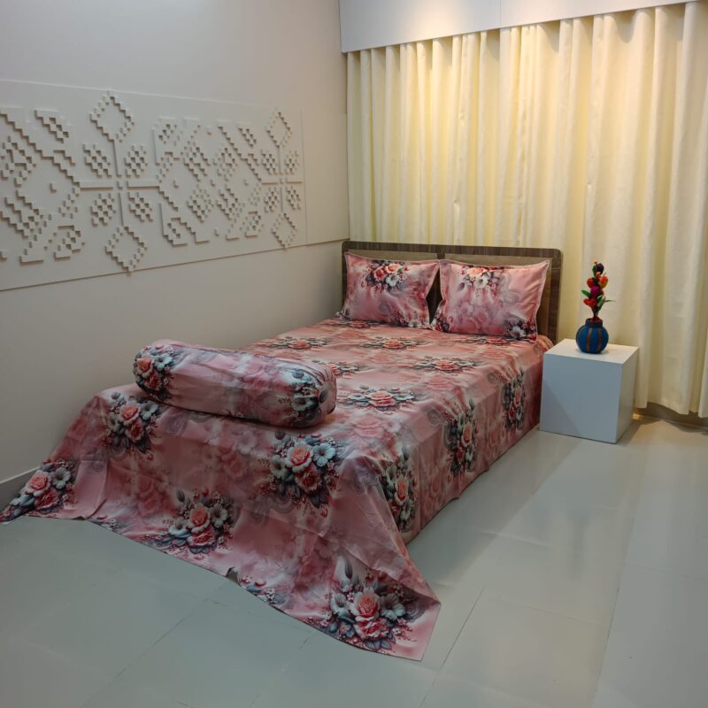 Super King Size High Quality 3D Design Satin Cotton Bed Sheet – 3 Pecs Set – Pink Flora - Image 3
