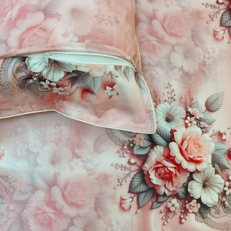 Super King Size High Quality 3D Design Satin Cotton Bed Sheet – 3 Pecs Set – Pink Flora - Image 4