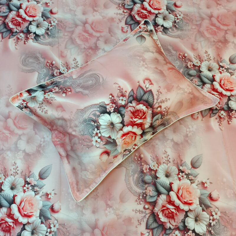 Super King Size High Quality 3D Design Satin Cotton Bed Sheet – 3 Pecs Set – Pink Flora - Image 5