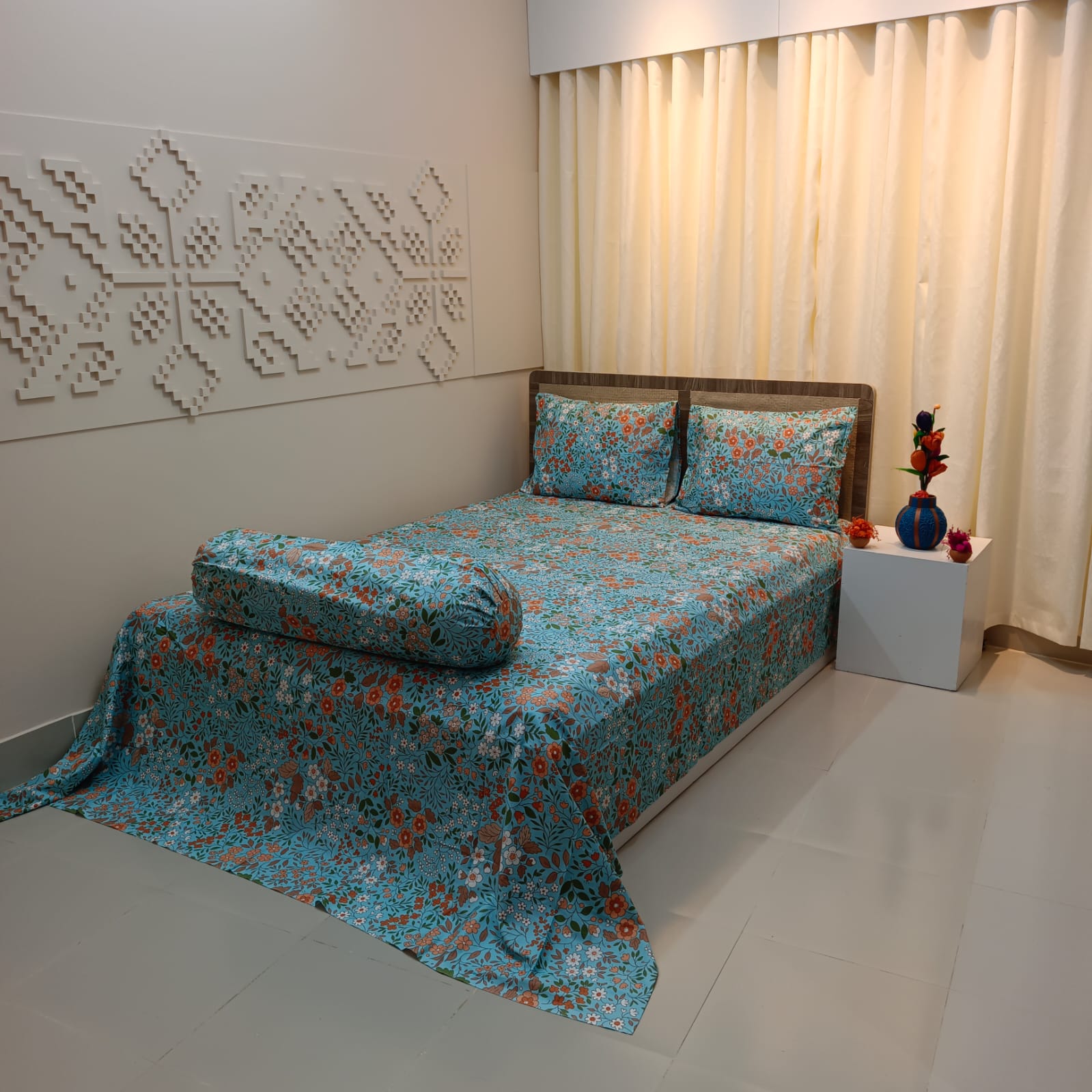 ORTHA EXPORT QUALITY SATIN COTTON KING SIZE DOUBLE BEDSHEET – 3 PECS SET – PASTEL FLORA - Image 4