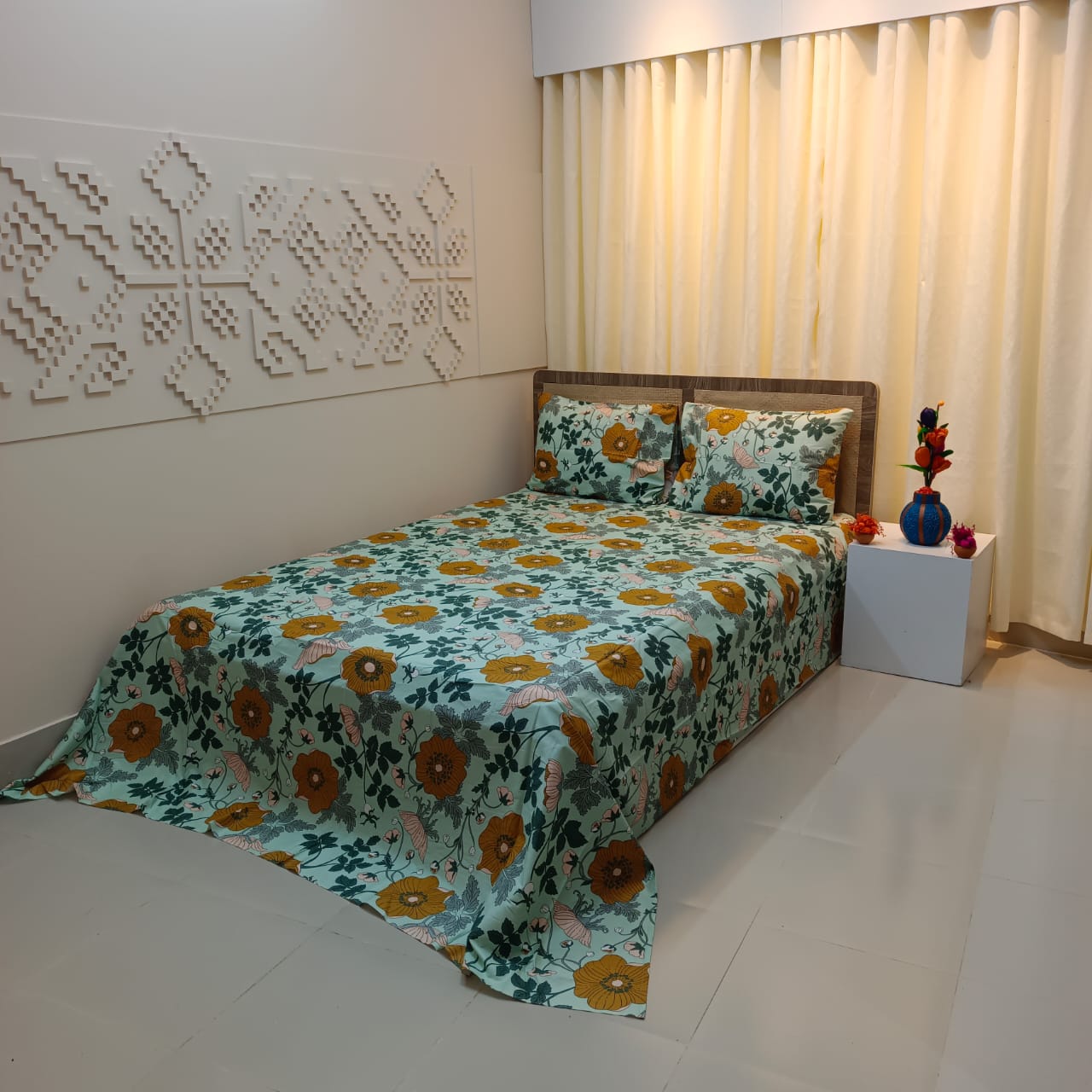 ORTHA EXPORT QUALITY SATIN COTTON KING SIZE DOUBLE BEDSHEET – 3 PECS SET – SEA GREEN