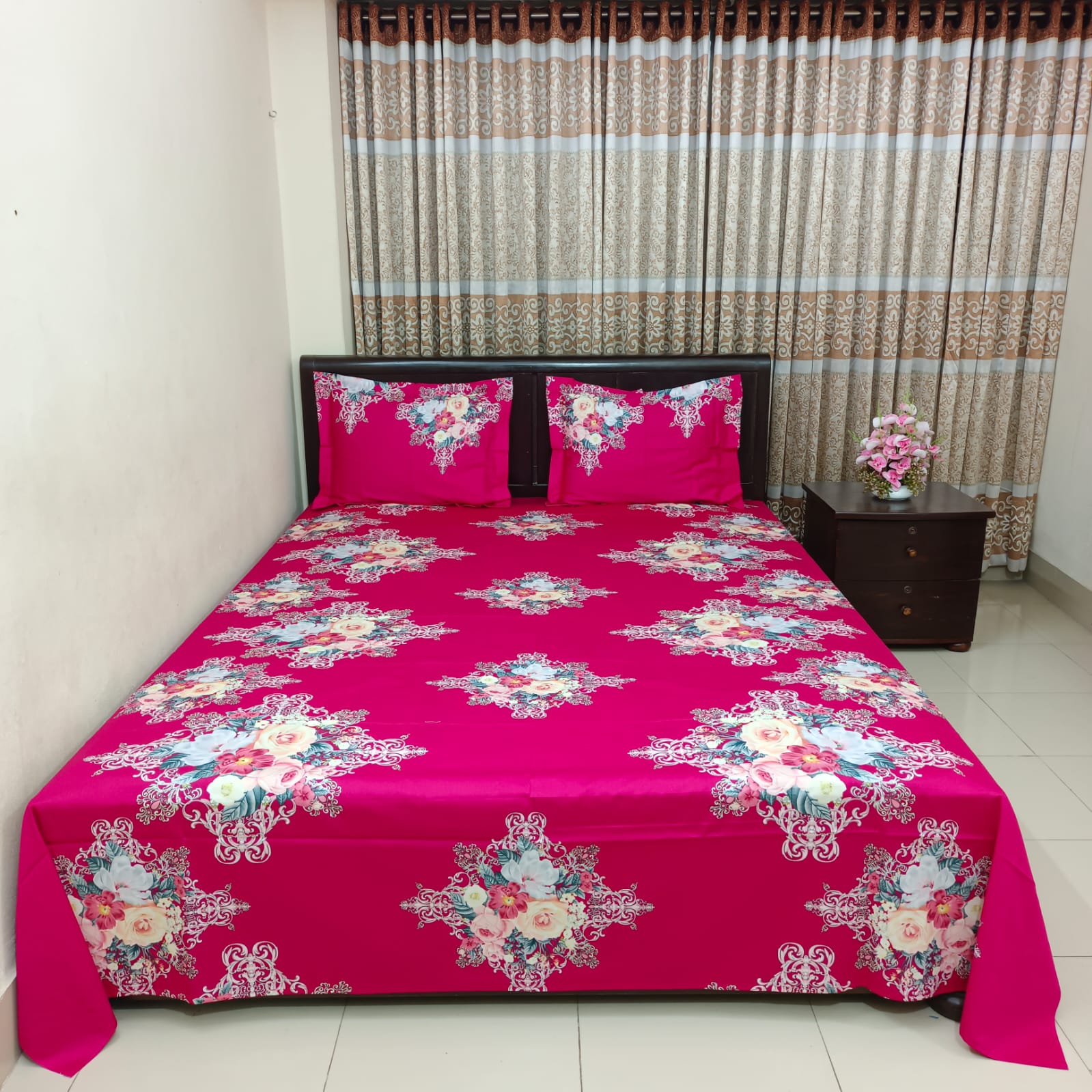 Luxury Twill Cotton Ortha Bedsheet – King Size – 4Pecs – Flora Megenta