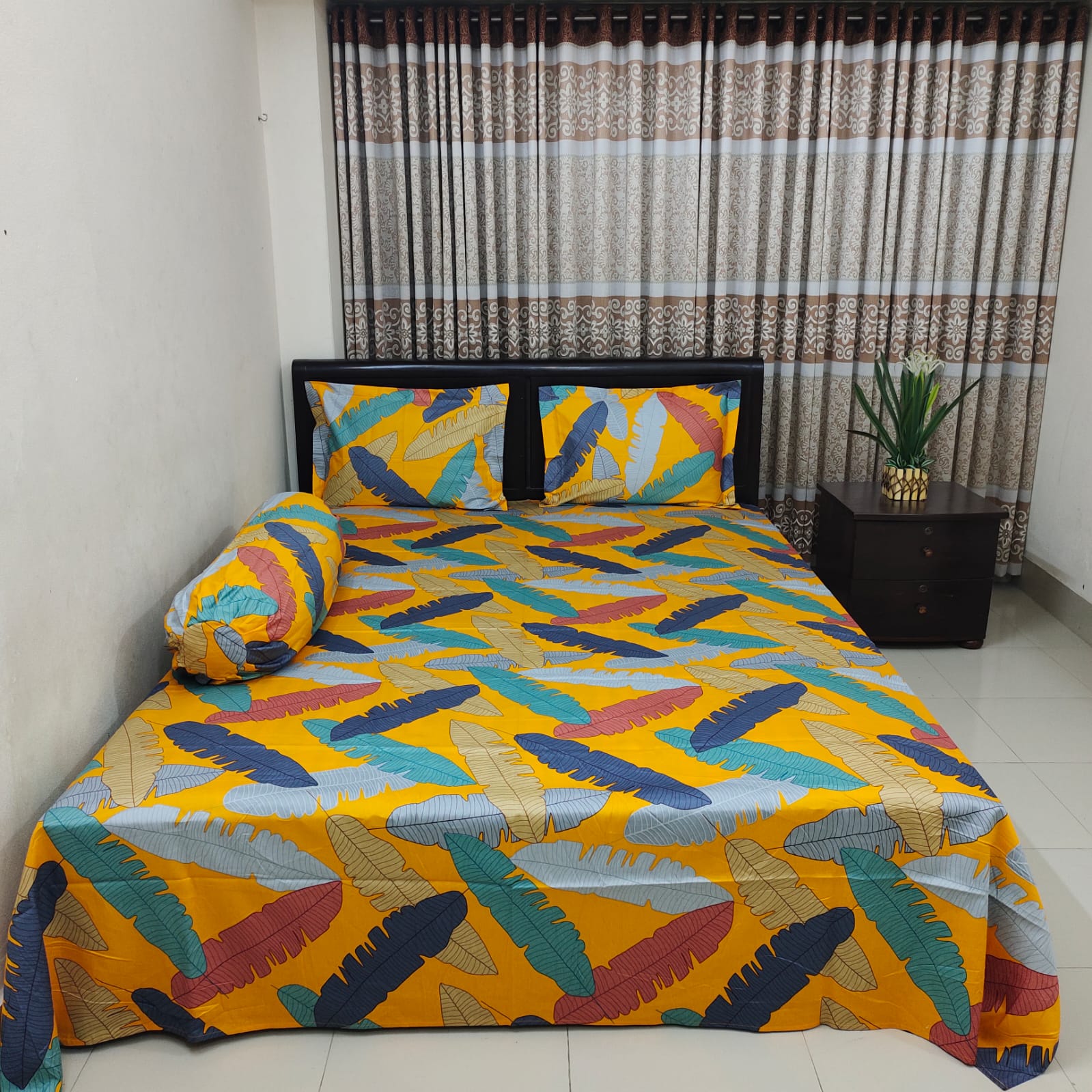 Luxury Twill Cotton Ortha Bedsheet – King Size – 3Pecs – Kalapata Yellow - Image 4