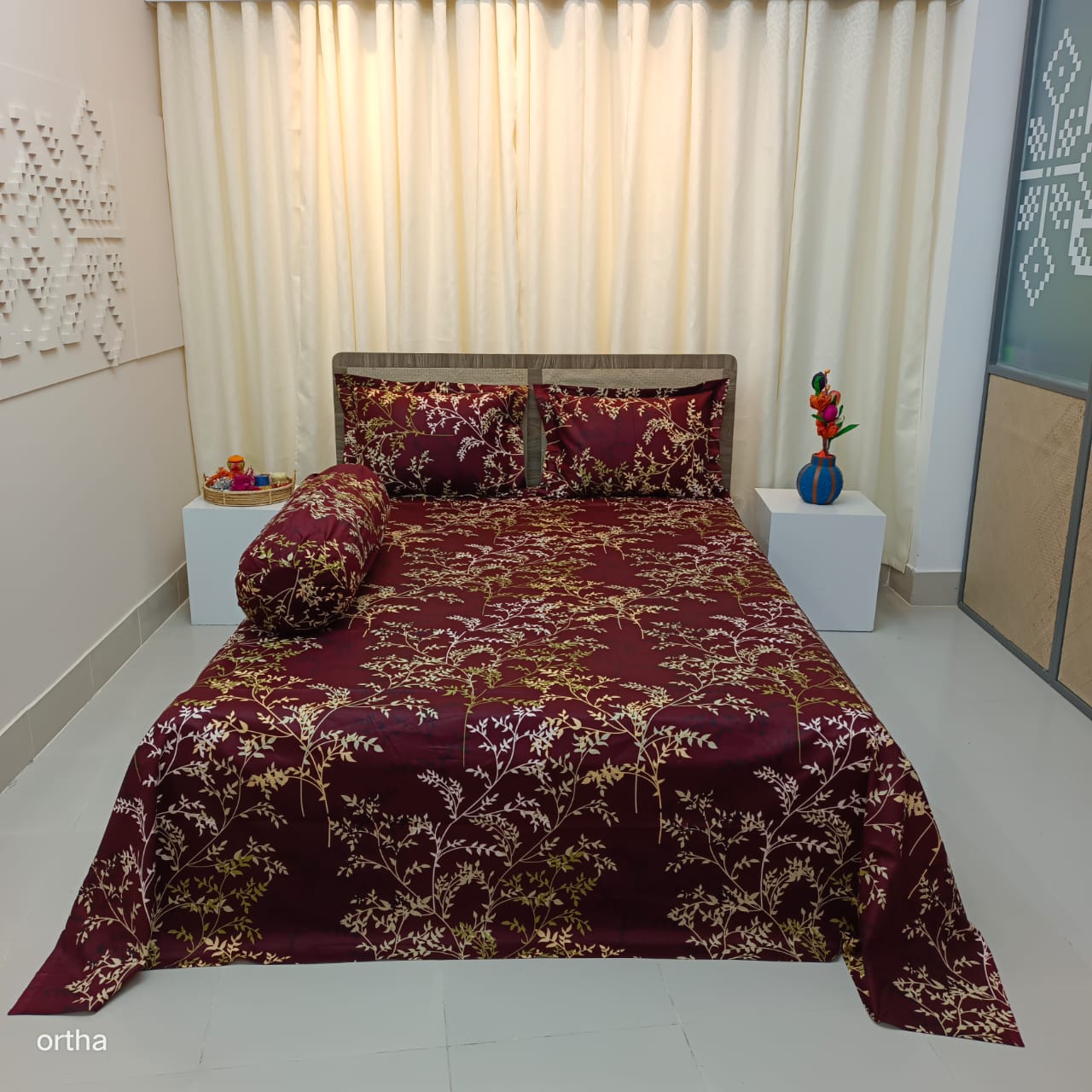 Luxury Twill Cotton Ortha Bedsheet – King Size – 3Pecs – Golden Maroon - Image 5