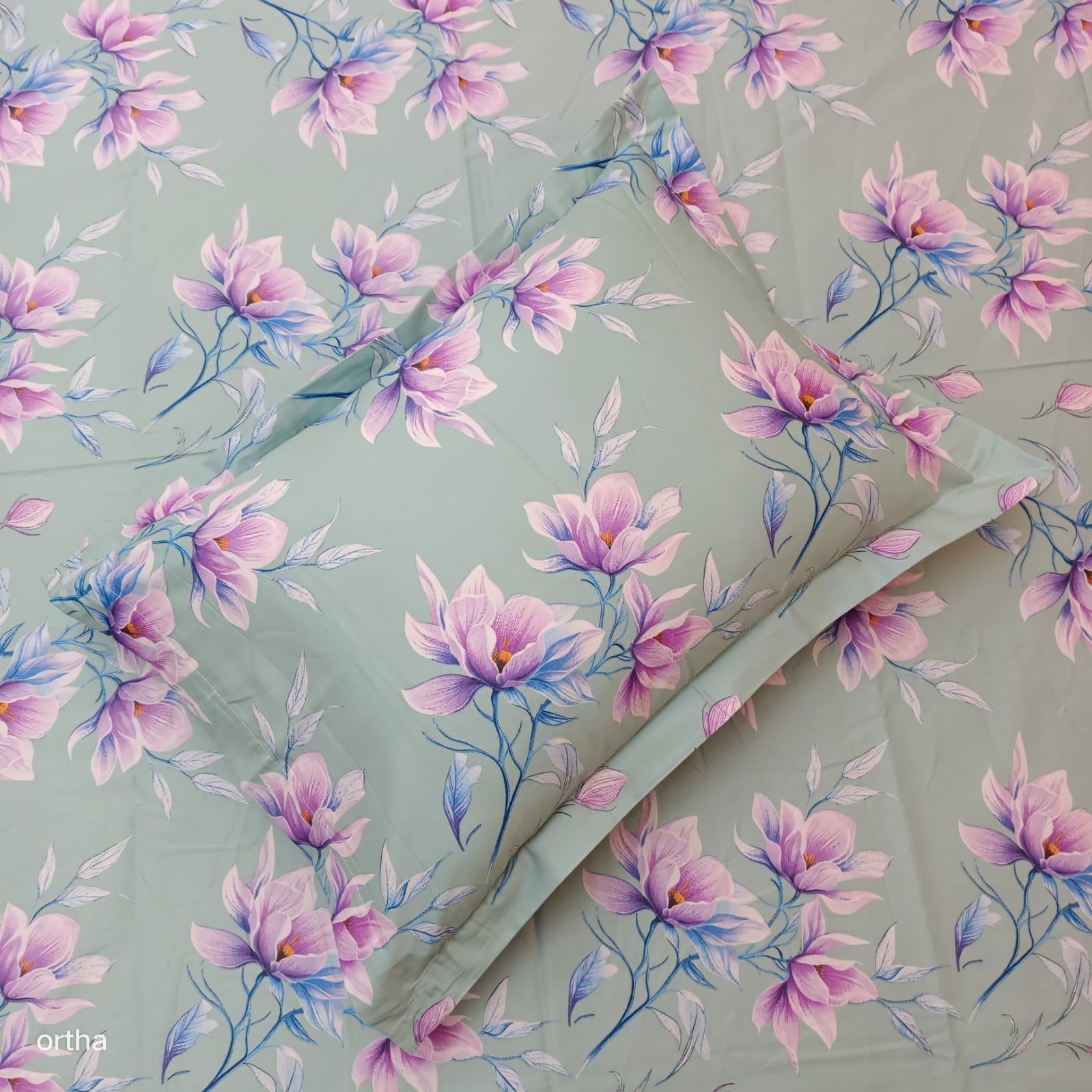 Luxury Twill Cotton Ortha Bedsheet – King Size – 3Pecs – Lime Lavender - Image 2