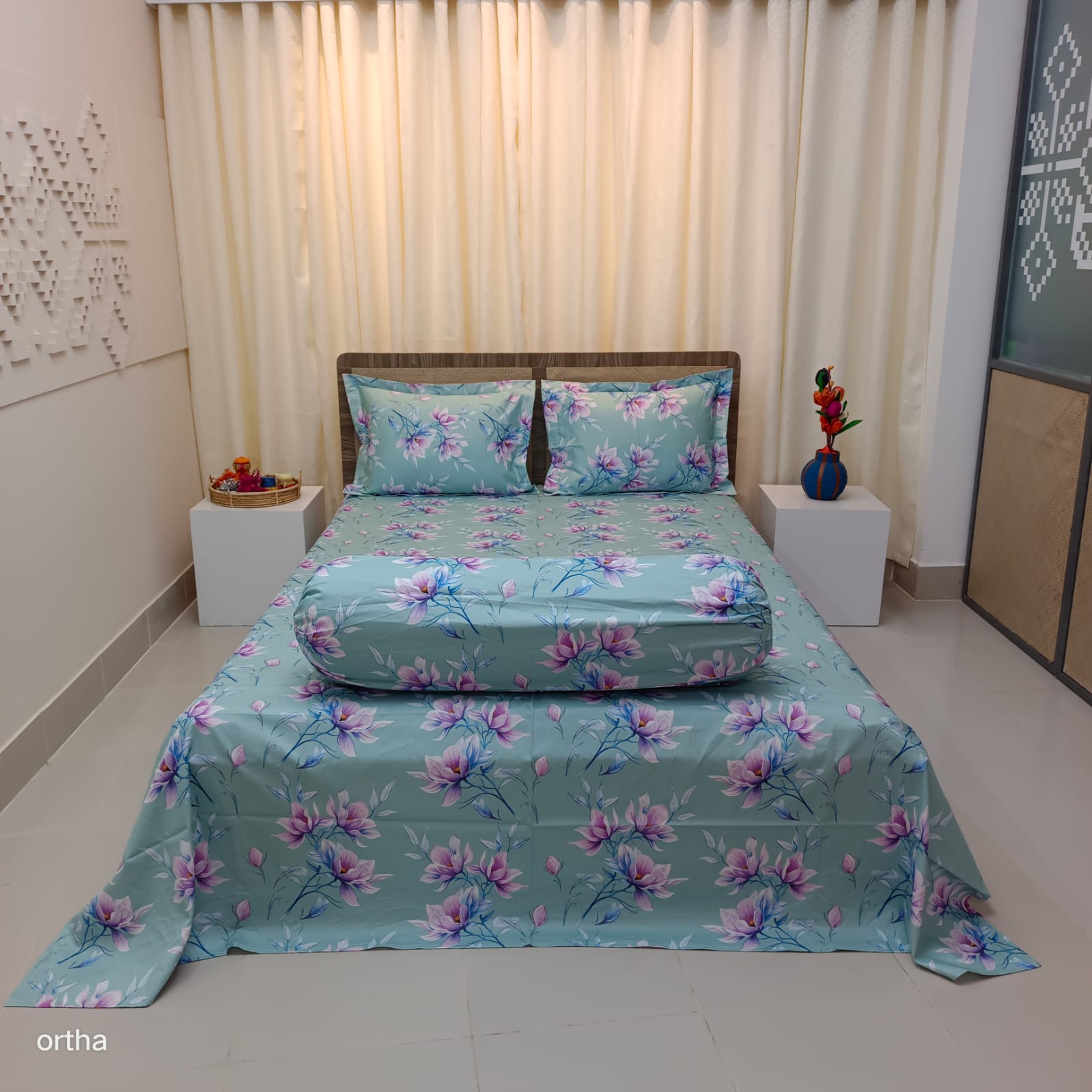 Luxury Twill Cotton Ortha Bedsheet – King Size – 3Pecs – Lime Lavender - Image 4