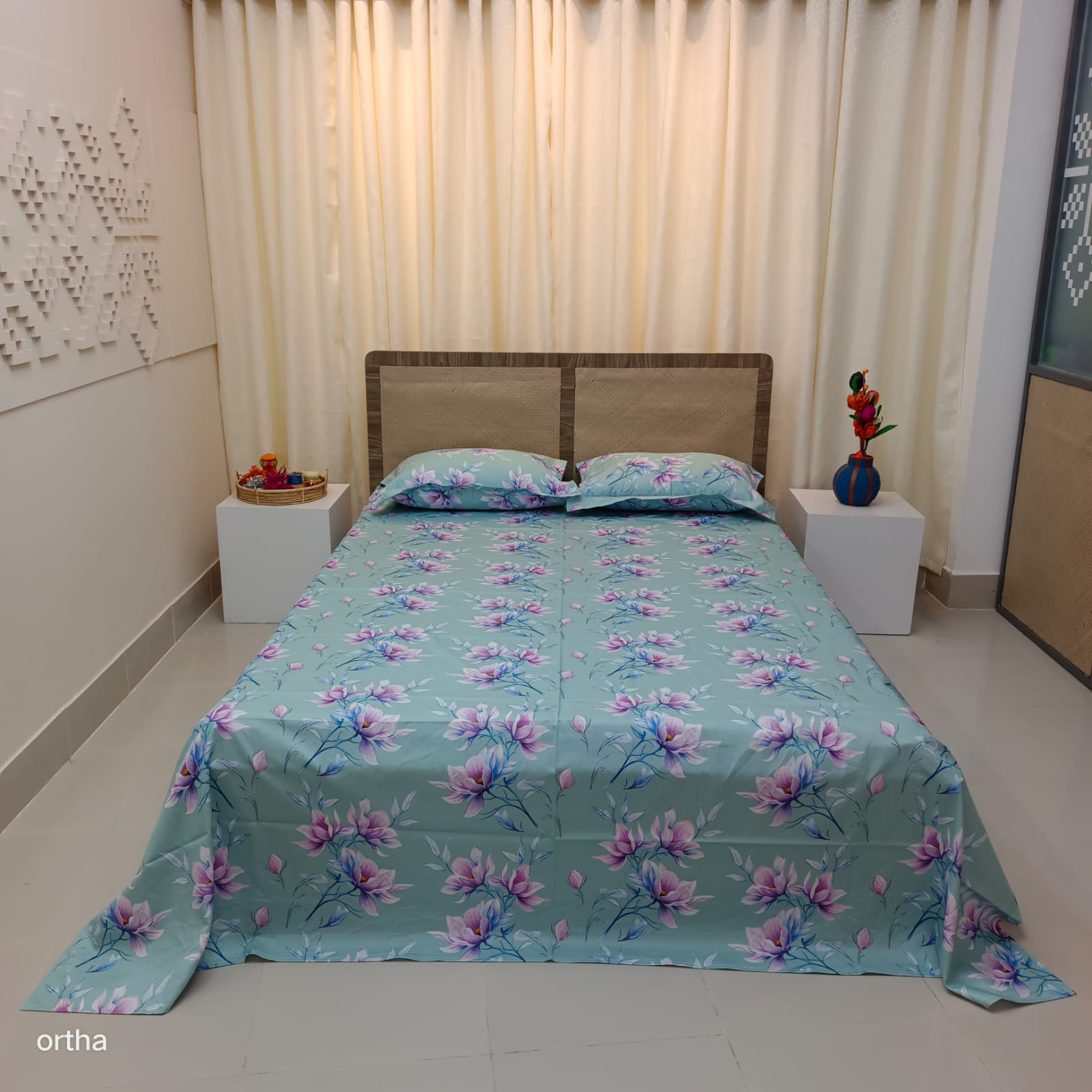 Luxury Twill Cotton Ortha Bedsheet – King Size – 3Pecs – Lime Lavender - Image 7