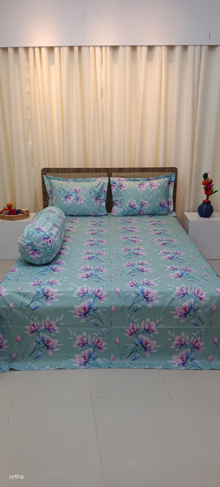 Luxury Twill Cotton Ortha Bedsheet – King Size – 3Pecs – Lime Lavender - Image 9