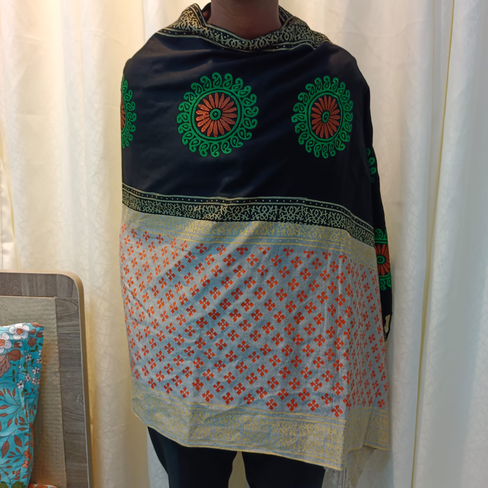 Hand Block Printed Viscose Shawl – Black & Ash - Image 2