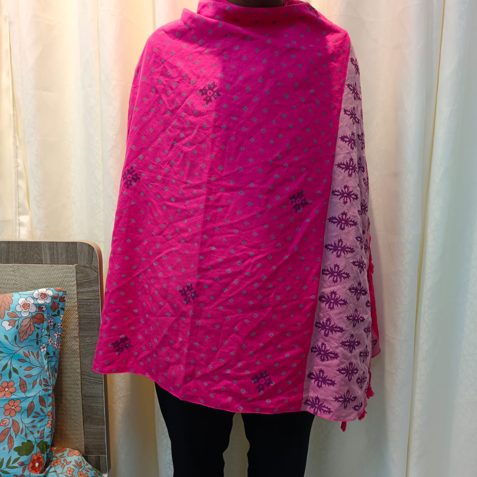 Hand Block Printed Viscose Shawl – Magenta & Pink - Image 2