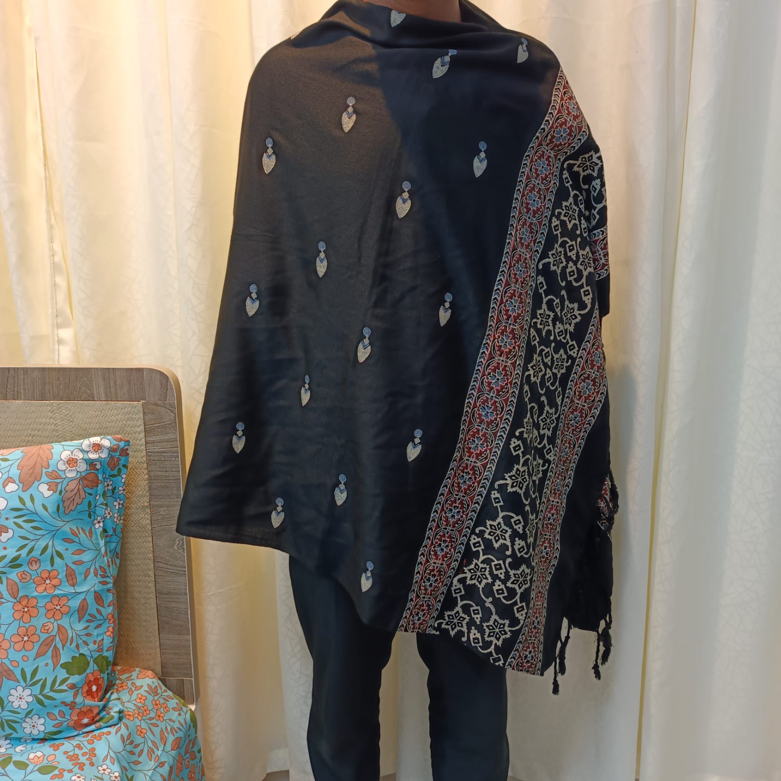 Hand Block Printed Viscose Shawl – Black - Image 2