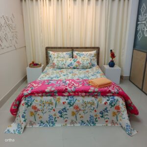 9 Pecs Family Combo Set – Bedsheet – Pillow – Comforter – Morning Glory & Rose Pink